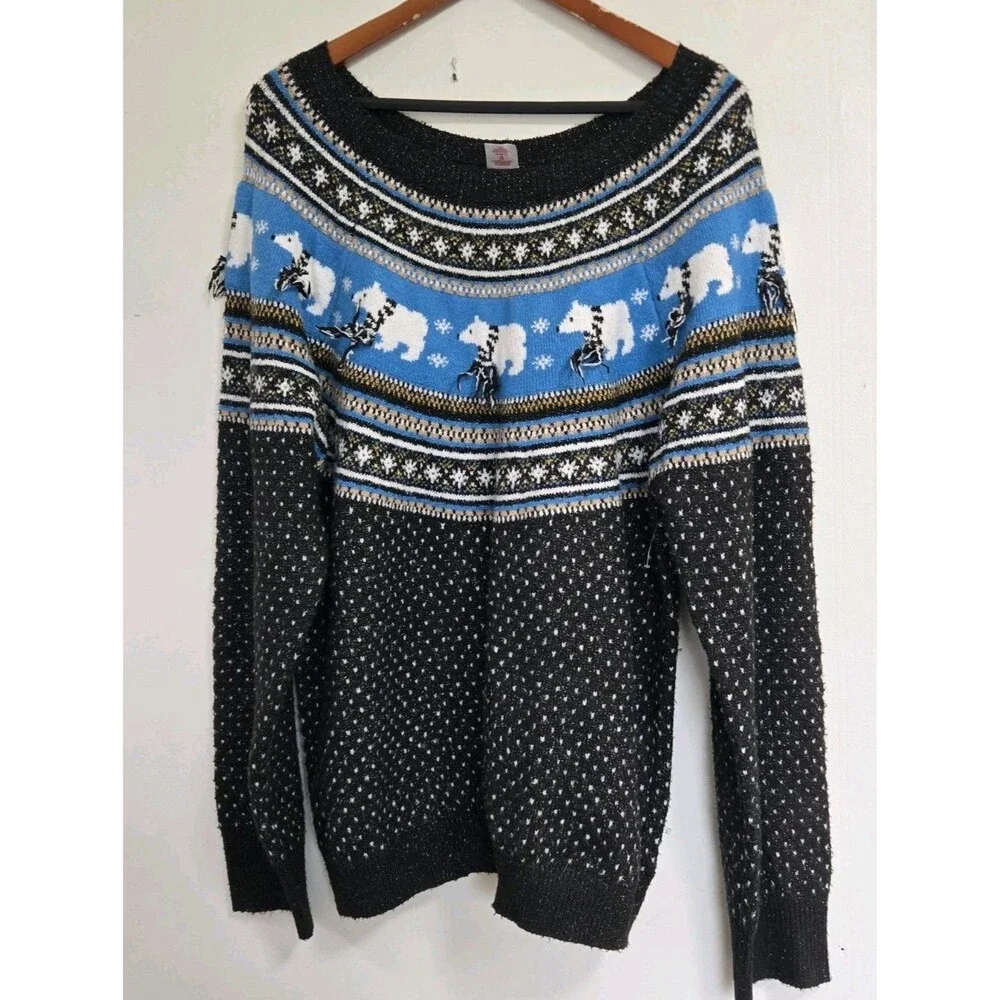 Holiday Time Womens Sweater 1X Fair Isle Soft Black Polar Bear Winter Nordic - Picture 1 of 8